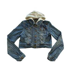 Periscope Y2K Hooded Denim Jacket Womens M Blue Jean Cream Hoodie Layered